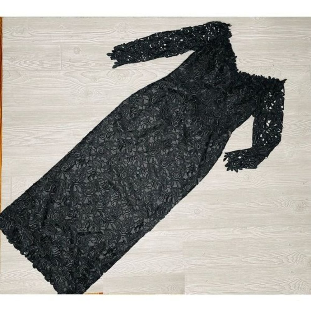 Vintage 90’s Helen Morley Black Lace crop Sleeve Cocktail Party Dress ball gown